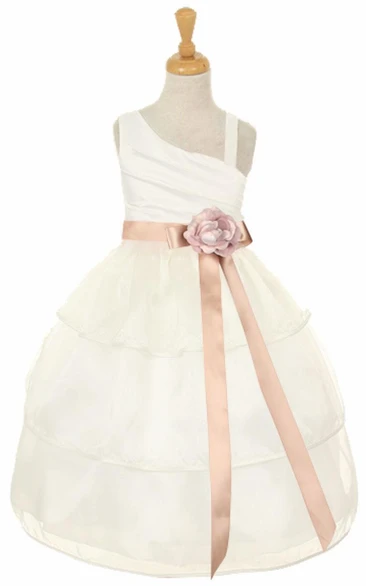 Tea-Length One-Shoulder Tiered Organza Flower Girl Dress