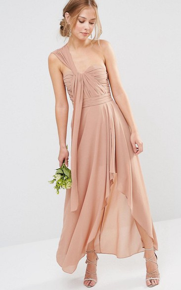 High-Low Sleeveless One-Shoulder Ruched Chiffon Pink Bridesmaid Dress