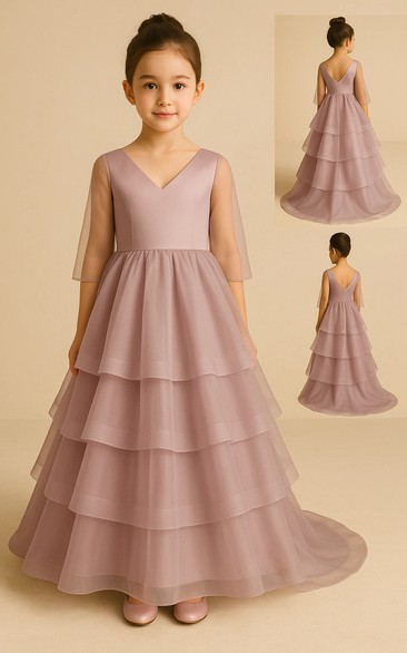 V-neck Illusion Half-sleeve Tiered A-line Flowergirl Dress with Sweep Train