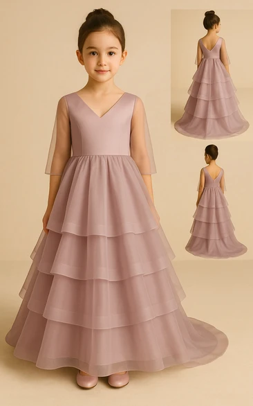 V-neck Illusion Half-sleeve Tiered A-line Flowergirl Dress with Sweep Train