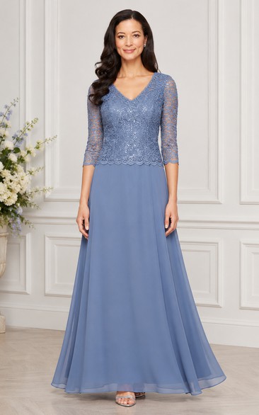 A-Line Lace Mother of the Bride Dress with V-neck, 3/4 Length Sleeve and Lace Beading, Floor Length