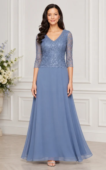 A-Line Lace Mother of the Bride Dress with V-neck, 3/4 Length Sleeve and Lace Beading, Floor Length