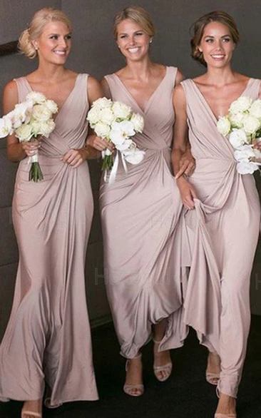 Jersey Floor-length A Line Sleeveless Casual Bridesmaid Dress with Ruching and Pick Up