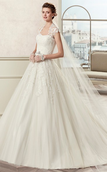 Royal Beaded A-Line Bridal Gown With Queen-Anna Neckline And Pleated Skirt