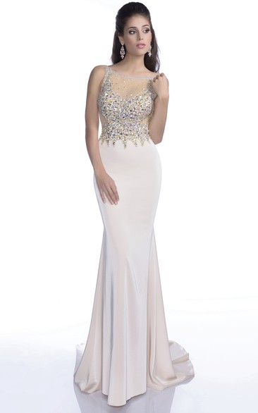 Backless Sheath Chiffon Prom Dress With Bodice Rhinestones