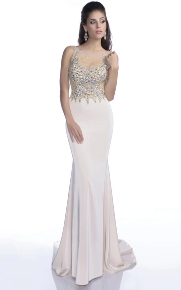 Backless Sheath Chiffon Prom Dress With Bodice Rhinestones