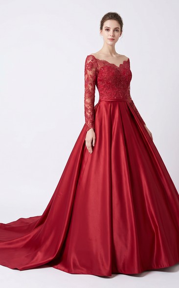 Red Satin Ball Gown MOB A-Line Dress with Long Lace Sleeves