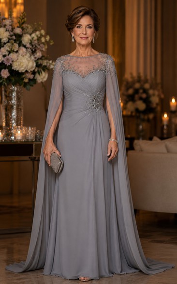 Steel Grey Cape Sleeve Lace Chiffon A-Line Mother Dress