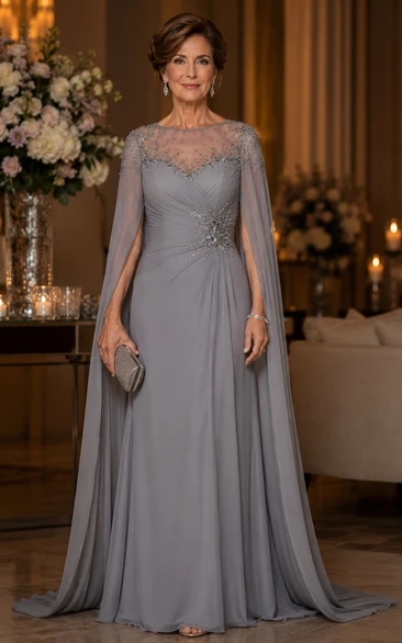 Steel Grey Cape Sleeve Lace Chiffon A-Line Mother Dress