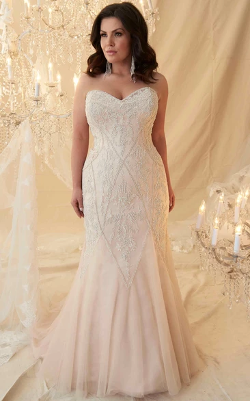Mermaid Sweetheart Tulle Plus Size Wedding Dress With Lace Up