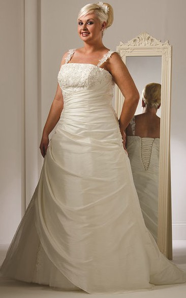 Appliqued Straps And Bodice Side Drape Bridal Gown With Lace Up