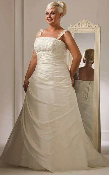 Appliqued Straps And Bodice Side Drape Bridal Gown With Lace Up