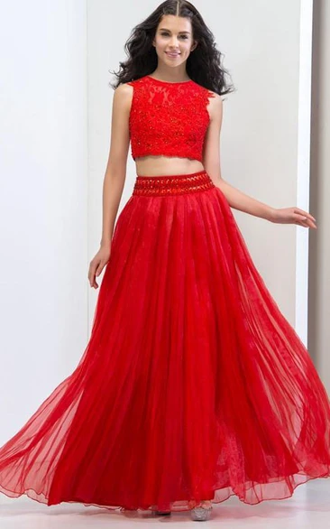 Two Piece Beading Hollow Lace Prom Dress