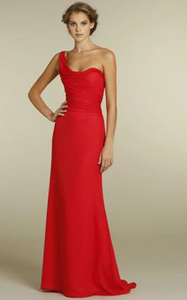 One-Shoulder Sleeveless Ruched Chiffon Bridesmaid Dress With Brush Train