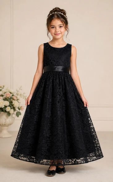 Black A-Line Lace Flower Girl Dress with Bow Sash