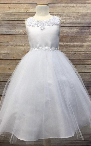 Floral Tea-Length Appliqued Beaded Tulle&Sequins Flower Girl Dress With Tiers