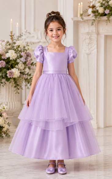 Lavender Tea-Length A-Line Satin Flower Girl Dress with Ruffles
