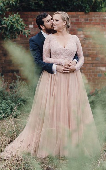 Plus Size Sexy Champagne/Blush Country Long Sleeve V Neck Ethereal Tulle Lace Wedding Dress