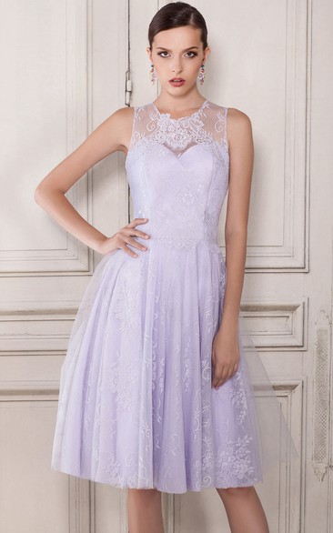 A-Line Knee-Length Scoop Sleeveless Tulle Pleats Lace Button Dress