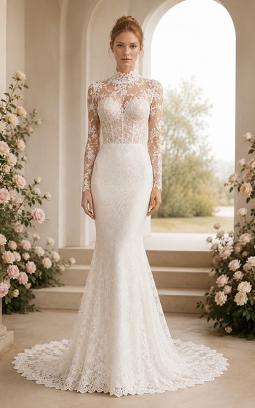Hochgeschlossenes, langärmeliges Meerjungfrauen-Brautkleid aus Spitze mit offenem Rücken und Spitze