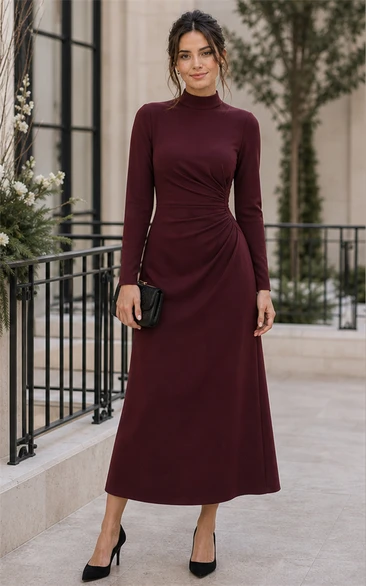 Burgundy High Neck Long Sleeve Tea-Length Mother Dress