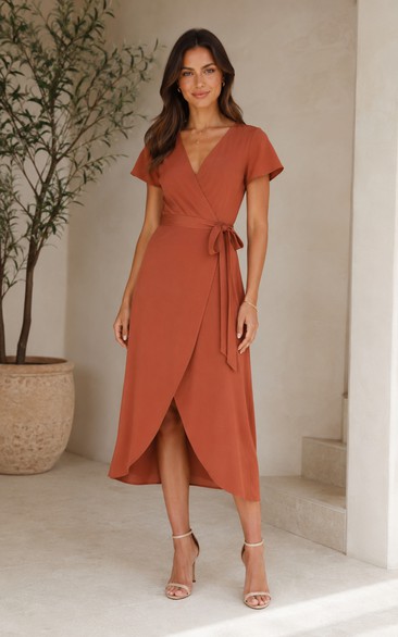 Papaya V-neck Wrap Short Sleeve Tea-Length Dress