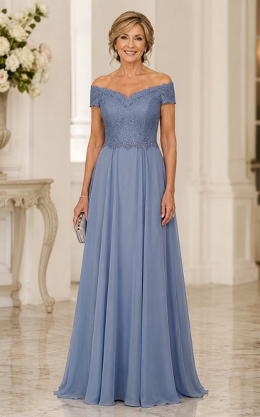 Steel Blue Off Shoulder Mother Gown Steel Blue Off-the-shoulder A-Line Floor-length