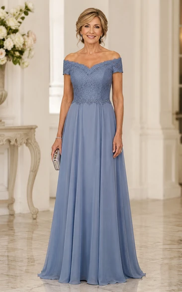 Steel Blue Off Shoulder Mother Gown Steel Blue Off-the-shoulder A-Line Floor-length