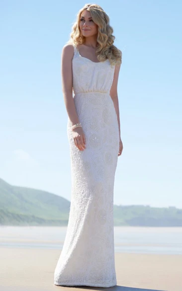 Floor-Length Square Lace Wedding Dress With V Back