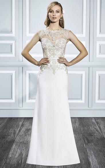 Sheath Jewel Appliqued Maxi Wedding Dress With Sweep Train And Keyhole Back