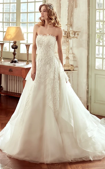Strapless A-Line Wedding Dress with Lace Embroidered Bodice and Multi-layer Tulle Skirt 