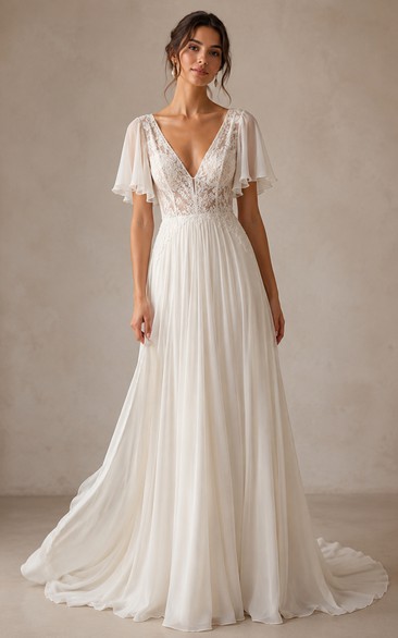 V-Neck A-Line Chiffon Wedding Dress with Flutter Sleeves and Train