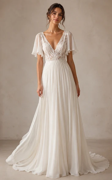 V-Neck A-Line Chiffon Wedding Dress with Flutter Sleeves and Train