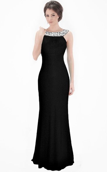 Beaded Sleeveless Jewel Neck Chiffon Evening Dress With Brush Train