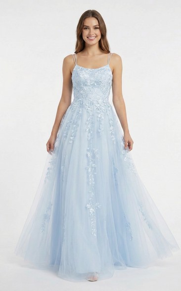 Sky Blue Applique Ball Gown Tulle Prom Dress with Spaghetti Straps