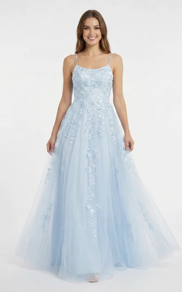 Sky Blue Applique Ball Gown Tulle Prom Dress with Spaghetti Straps