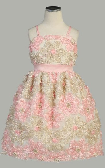 Spaghetti Knee-Length Tiered Tulle&Taffeta Flower Girl Dress