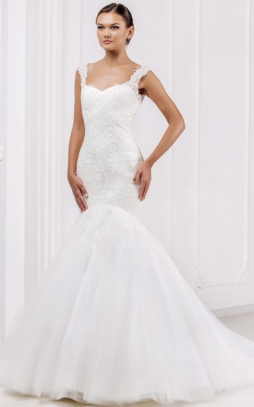 Mermaid Strapless Floor-Length Appliqued Sleeveless Tulle & Lace Wedding Dress Styles With Illusion Back And Court Train