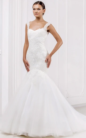 Mermaid Strapless Floor-Length Appliqued Sleeveless Tulle & Lace Wedding Dress Styles With Illusion Back And Court Train