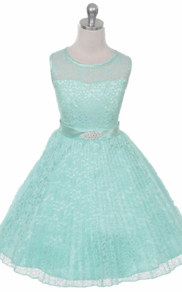 Tea-Length Illusion Pleated Lace&Satin Flower Girl Dress