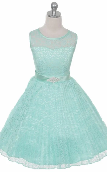 Tea-Length Illusion Pleated Lace&Satin Flower Girl Dress