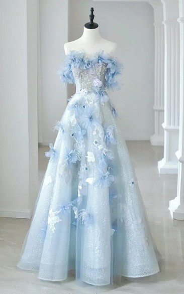 Light Blue Off-the-Shoulder Floral Ball Gown