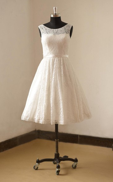 Tea Length A-Line Sleeveless Lace Short Bridal Dress With Bateau Neck and Satin Waistbelt