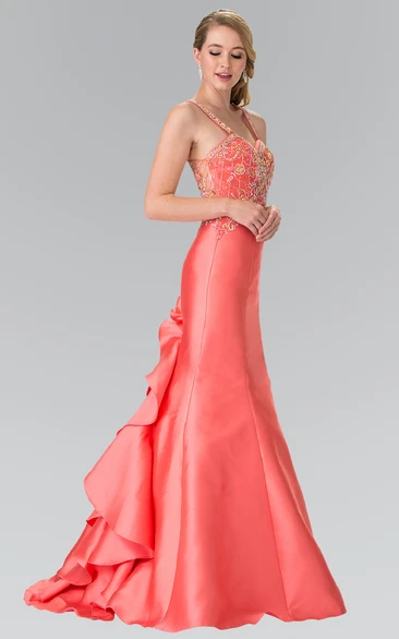 Sheath Long Spaghetti Satin Straps Dress With Beading And Cascading Ruffles