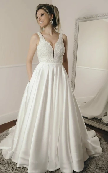 Beaded Sleeveless Simple Ballgown Elegant Plunging Satin A Line Wedding Dress