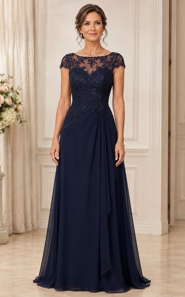 Dark Navy Illusion Lace Cap Sleeve Floor-Length Mother Gown