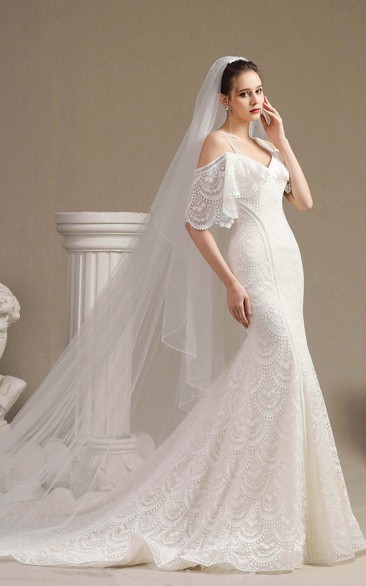 Fancy Cute Off-the-shoulder Lace Mermaid Wedding Dress Styles With Straps And Half Sleeves