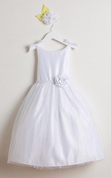 Sleeveless Bowed Tulle&Satin Flower Girl Dress