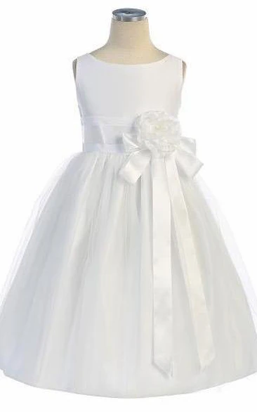 Tea-Length Tiered Tulle&Satin Flower Girl Dress