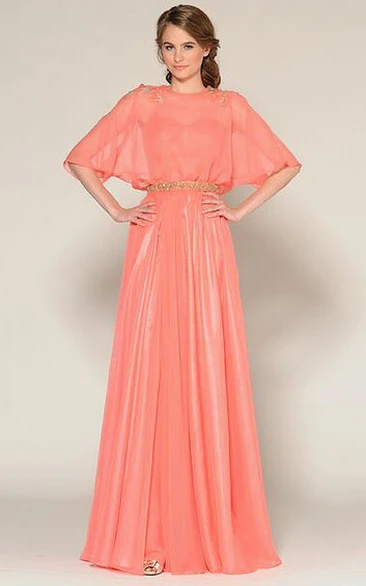 Jewel-Neck Bat-Sleeve Long Jeweled Prom Dress With Pleats